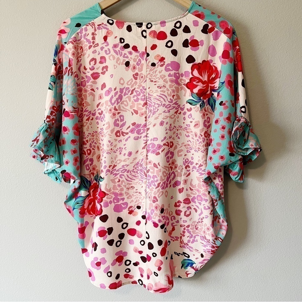 Umgee NWT Floral and Animal Print Mixed Print Crossover Blouse w/ Ruffles Small - Picture 8 of 11